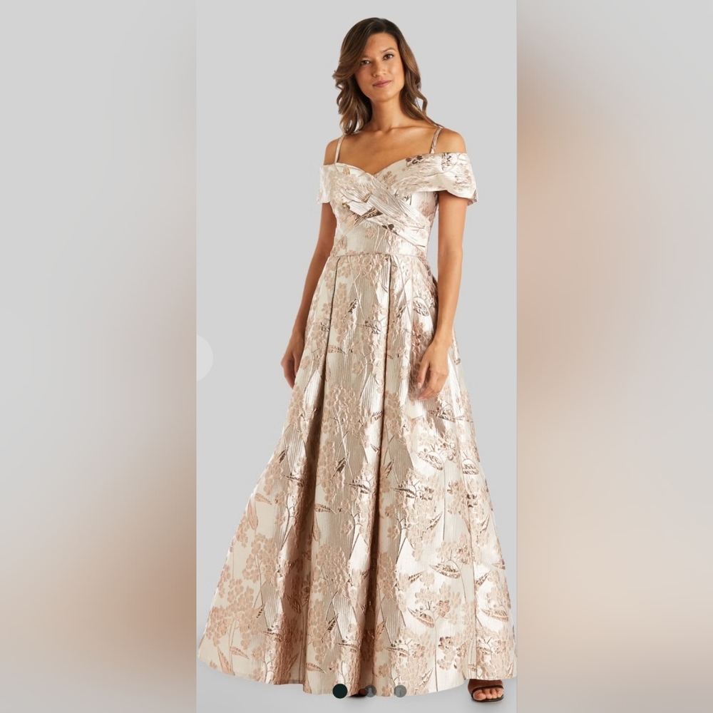 Morgan & Co. Champagne Floral Off-Shoulder Maxi Gown